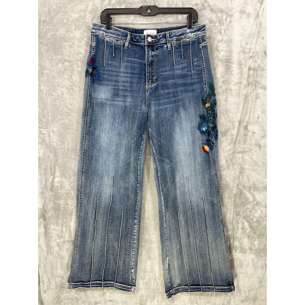 Driftwood Women's Size 33 High Waist Wide Leg Jeans Floral Embroidery Blue